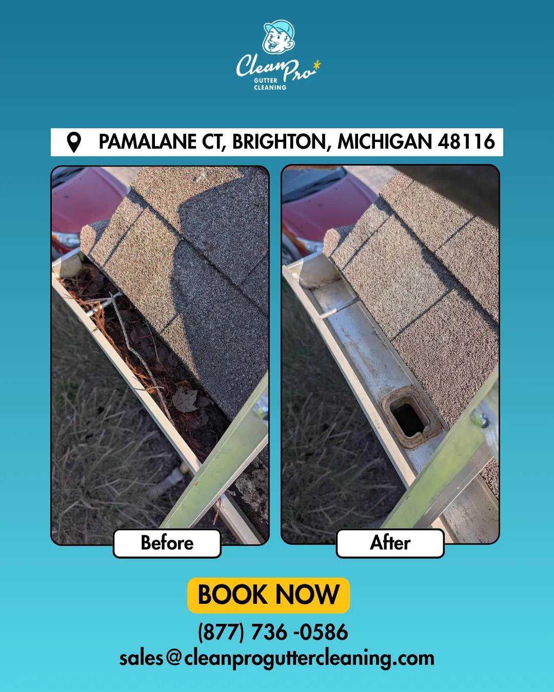 Before and after gutter cleaning on Pamalane Ct, Brighton, MI