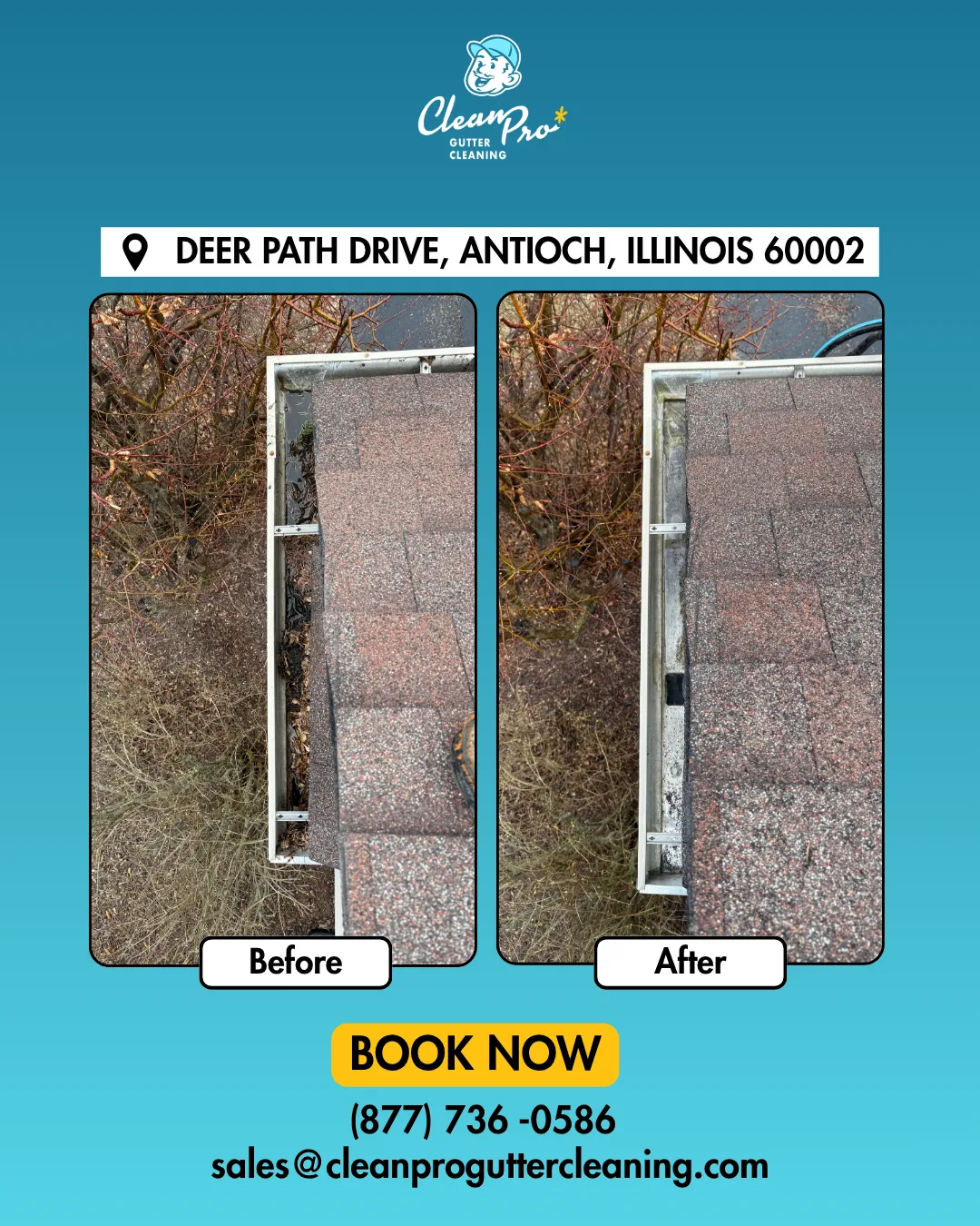 Before and after gutter cleaning on Deer Path Drive, Antioch, IL
