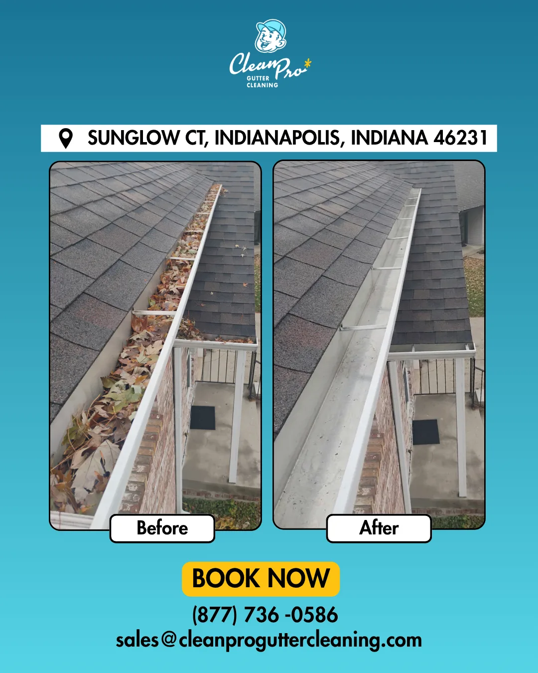 Before and after gutter cleaning on Sunglow Ct, Indianapolis, IN