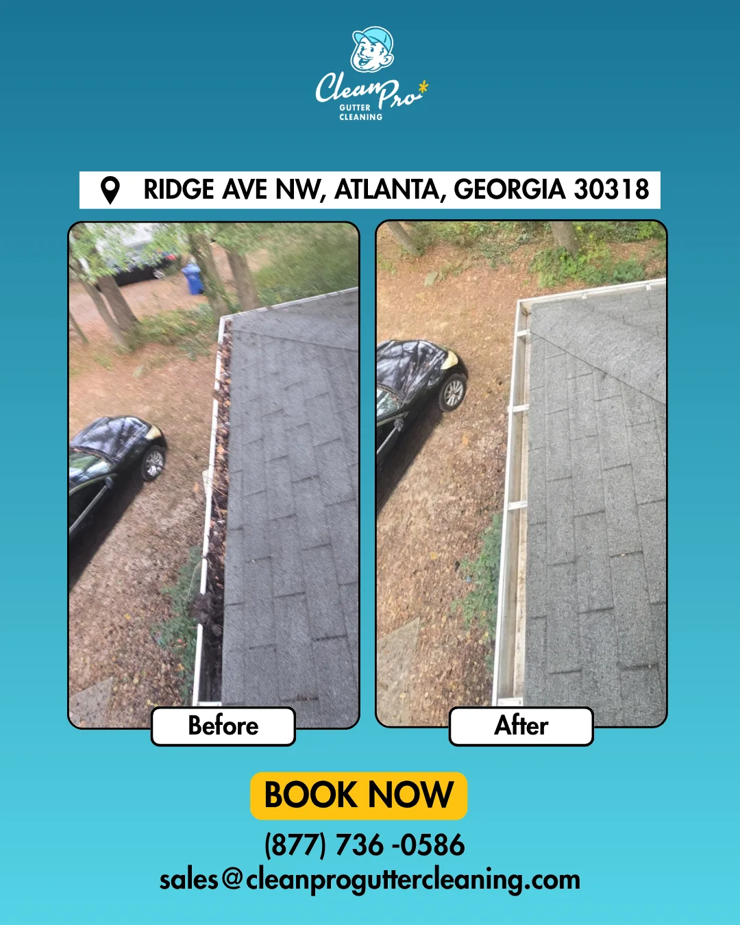 Before and after gutter cleaning on Ridge Ave NW, Atlanta, GA