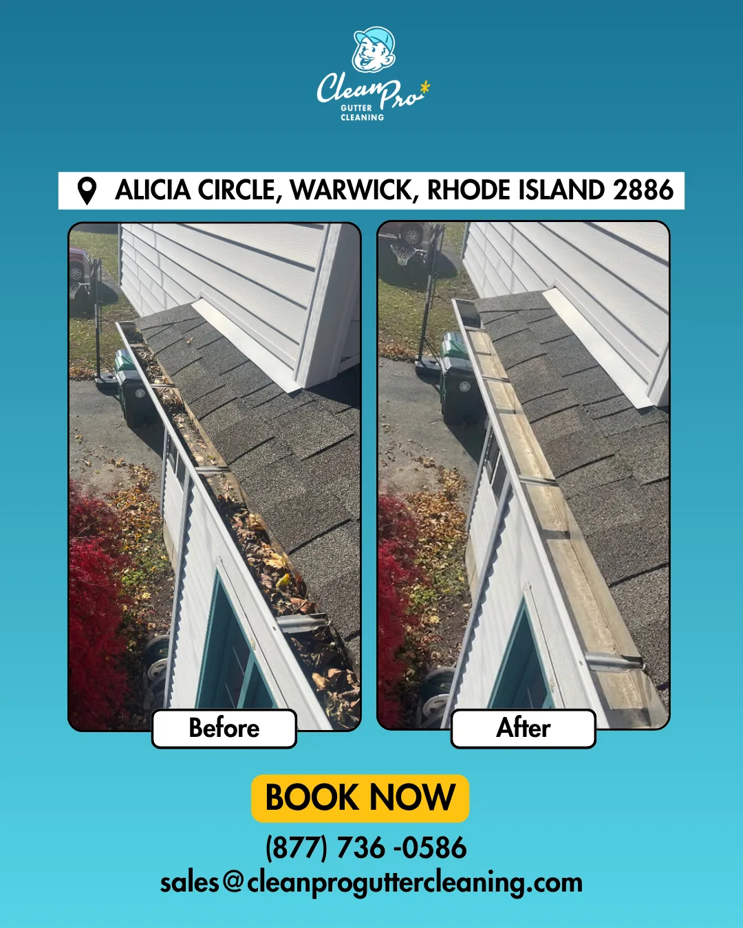 Before and after gutter cleaning on Alicia Circle, Warwick, RI