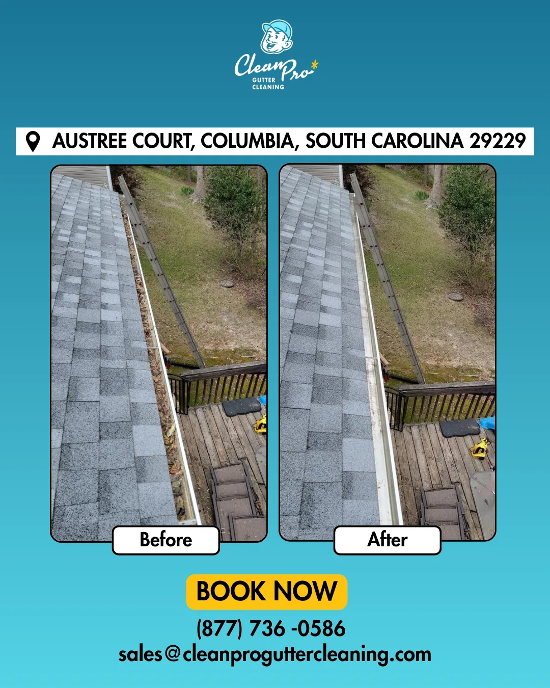 Before and after gutter cleaning on Austree Court, Columbia, SC