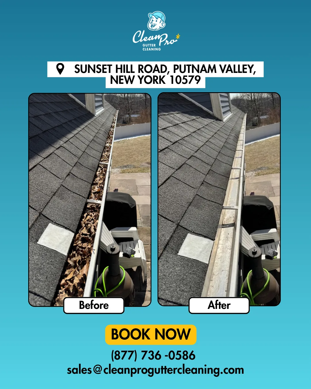Before and after gutter cleaning on Sunset Hill Road, Putnam Valley, NY
