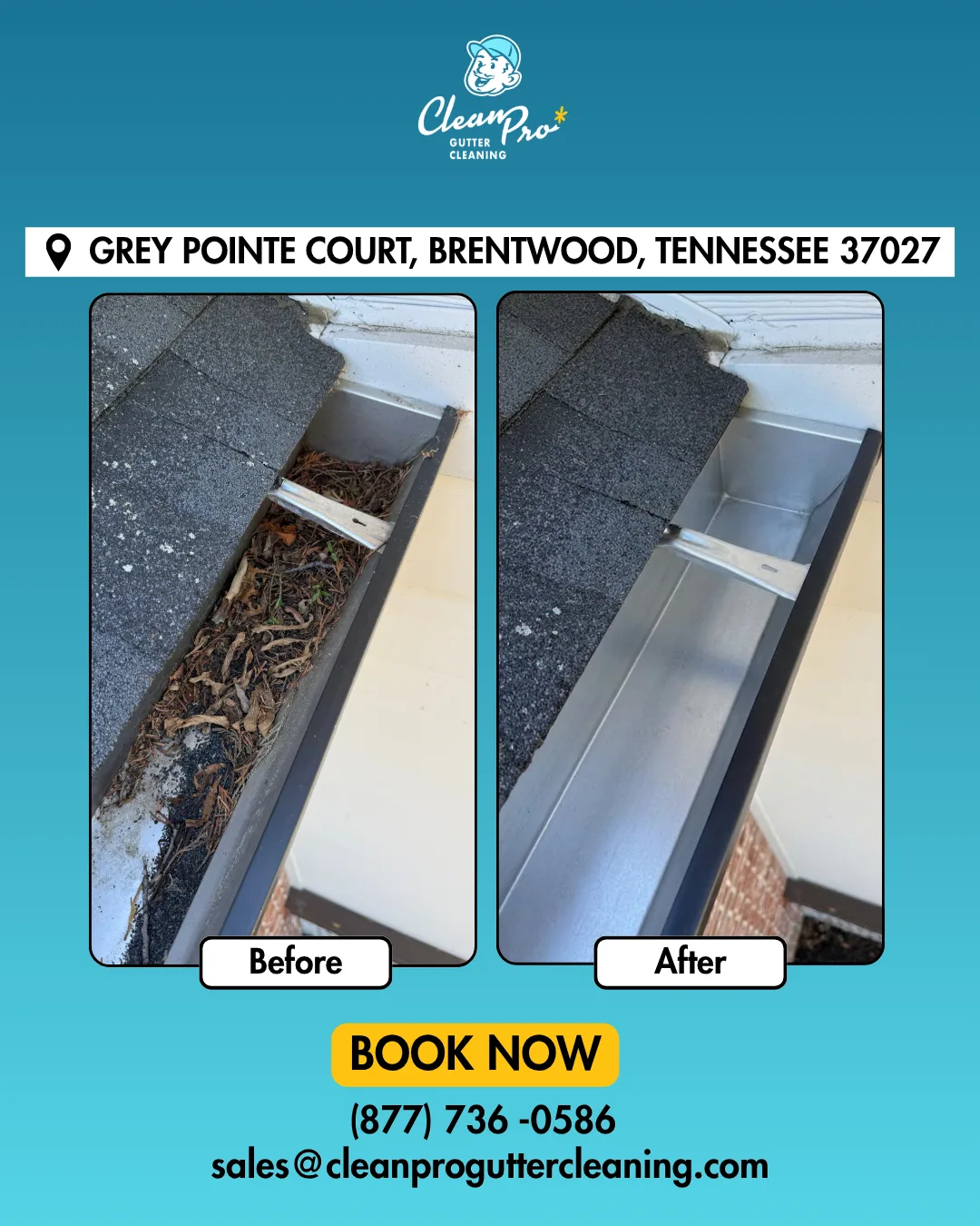 Before and after gutter cleaning on Grey Pointe Court, Brentwood, TN