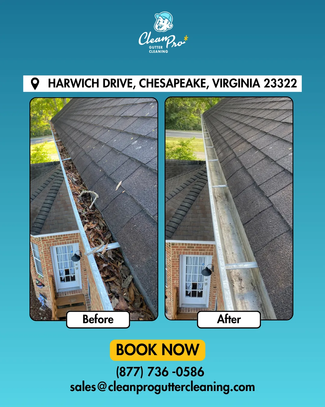 Before and after gutter cleaning on Harwich Drive, Chesapeake, VA