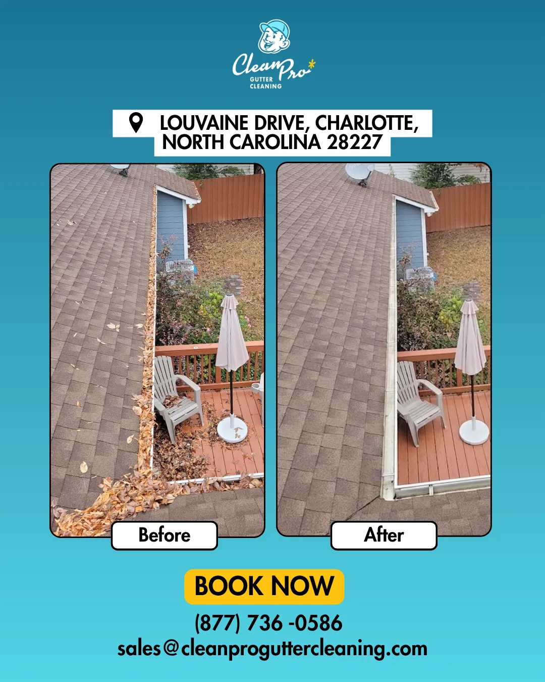 Before and after gutter cleaning on Drive, Charlotte, NC