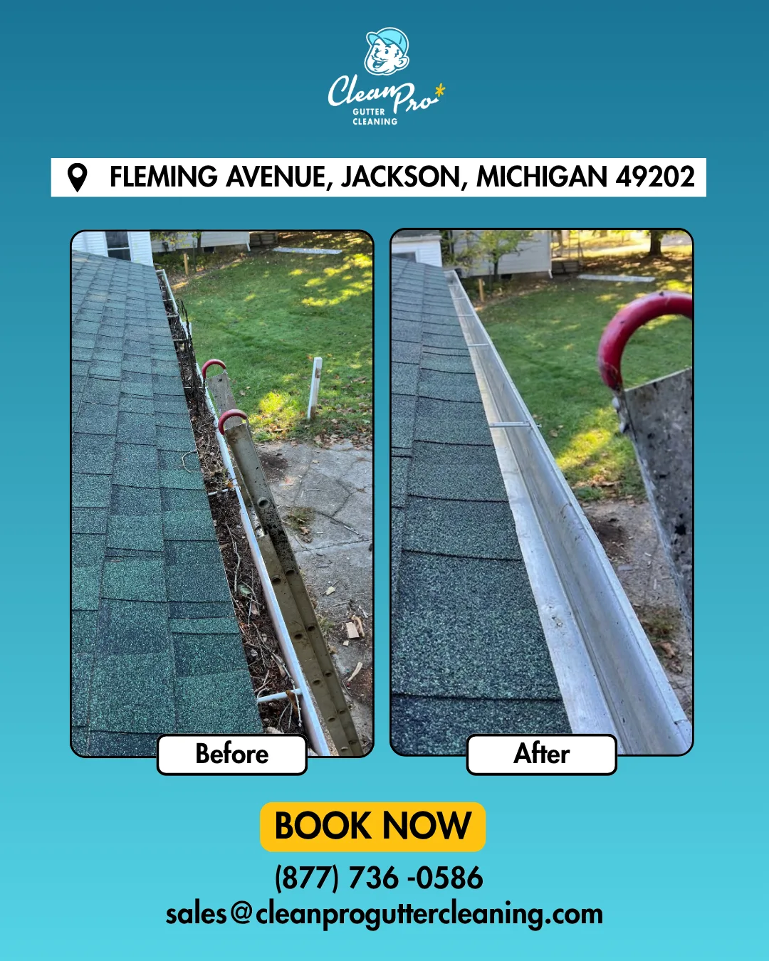 Before and after gutter cleaning on Fleming Avenue, Jackson, MI