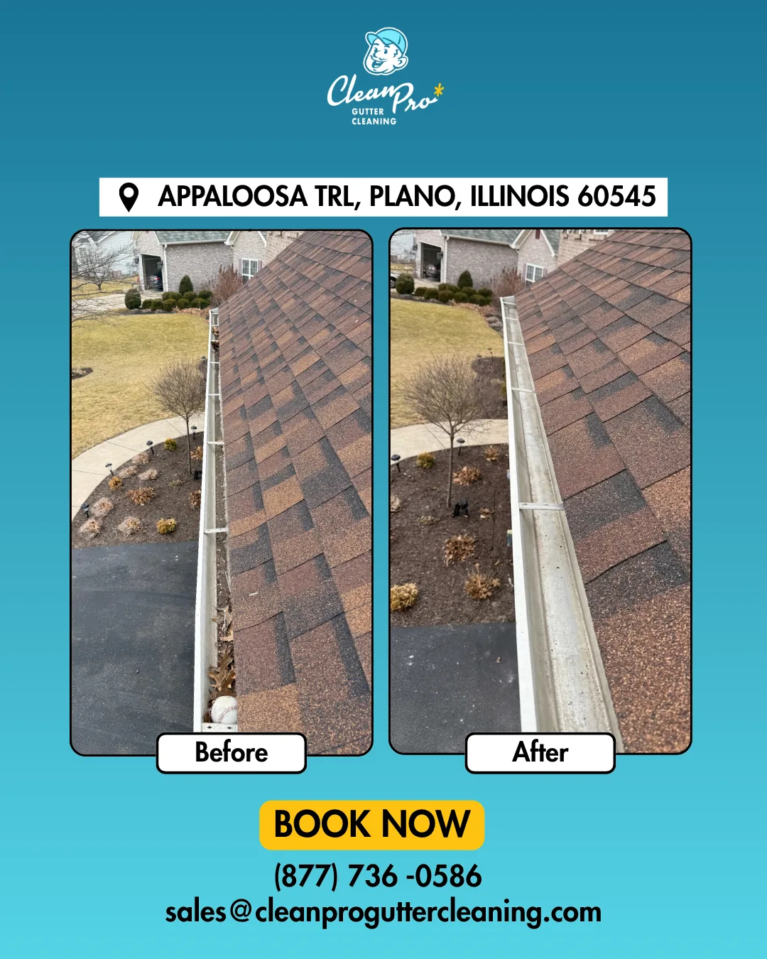 Before and after gutter cleaning on Appaloosa Trl, Plano, IL