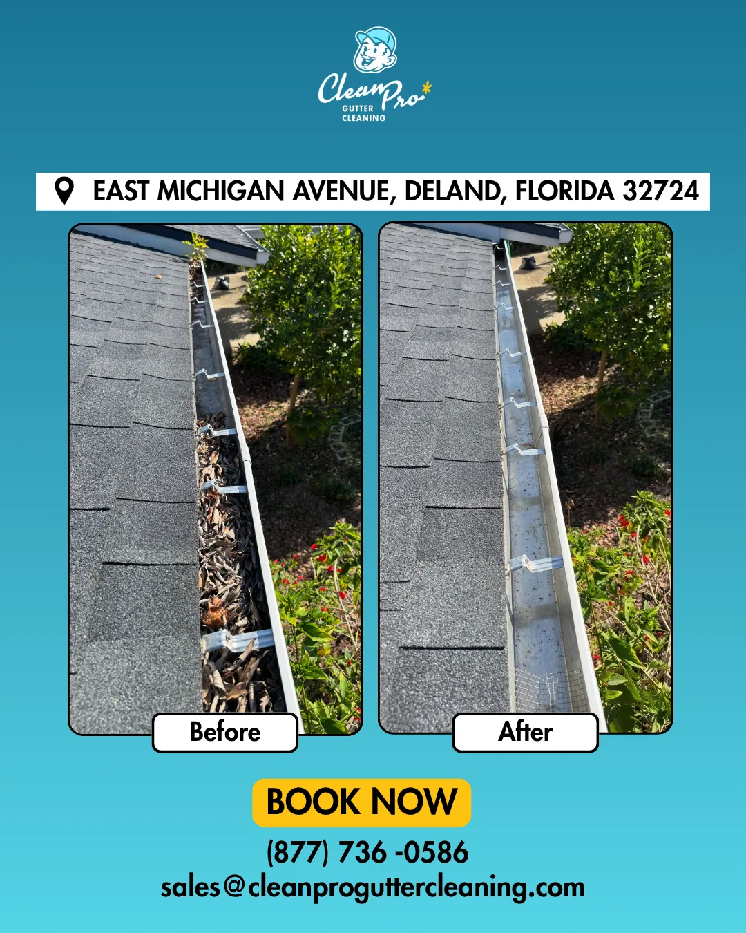 Before and after gutter cleaning on East Michigan Avenue, Deland, FL