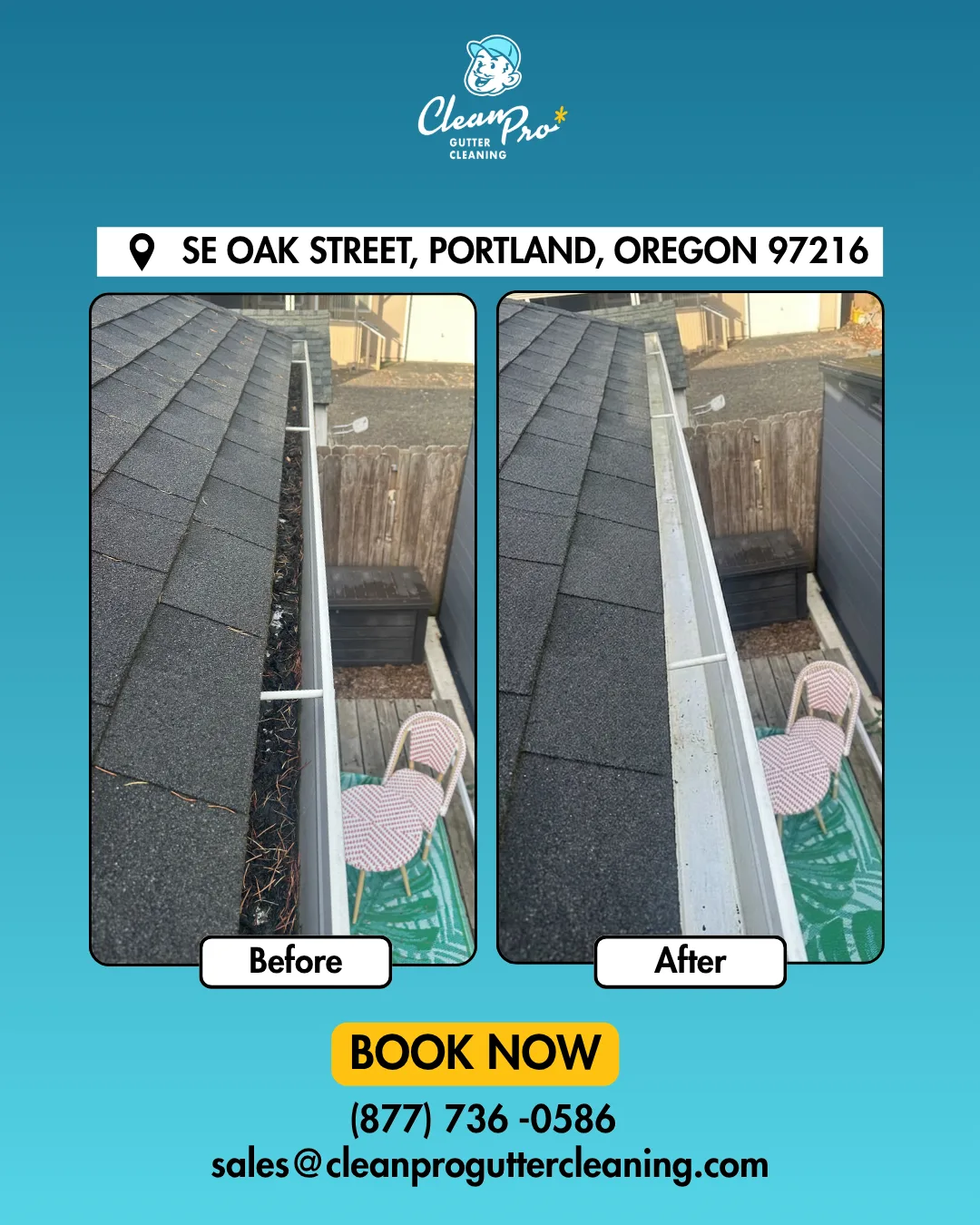 Before and after gutter cleaning on SE Oak Street, Portland, OR
