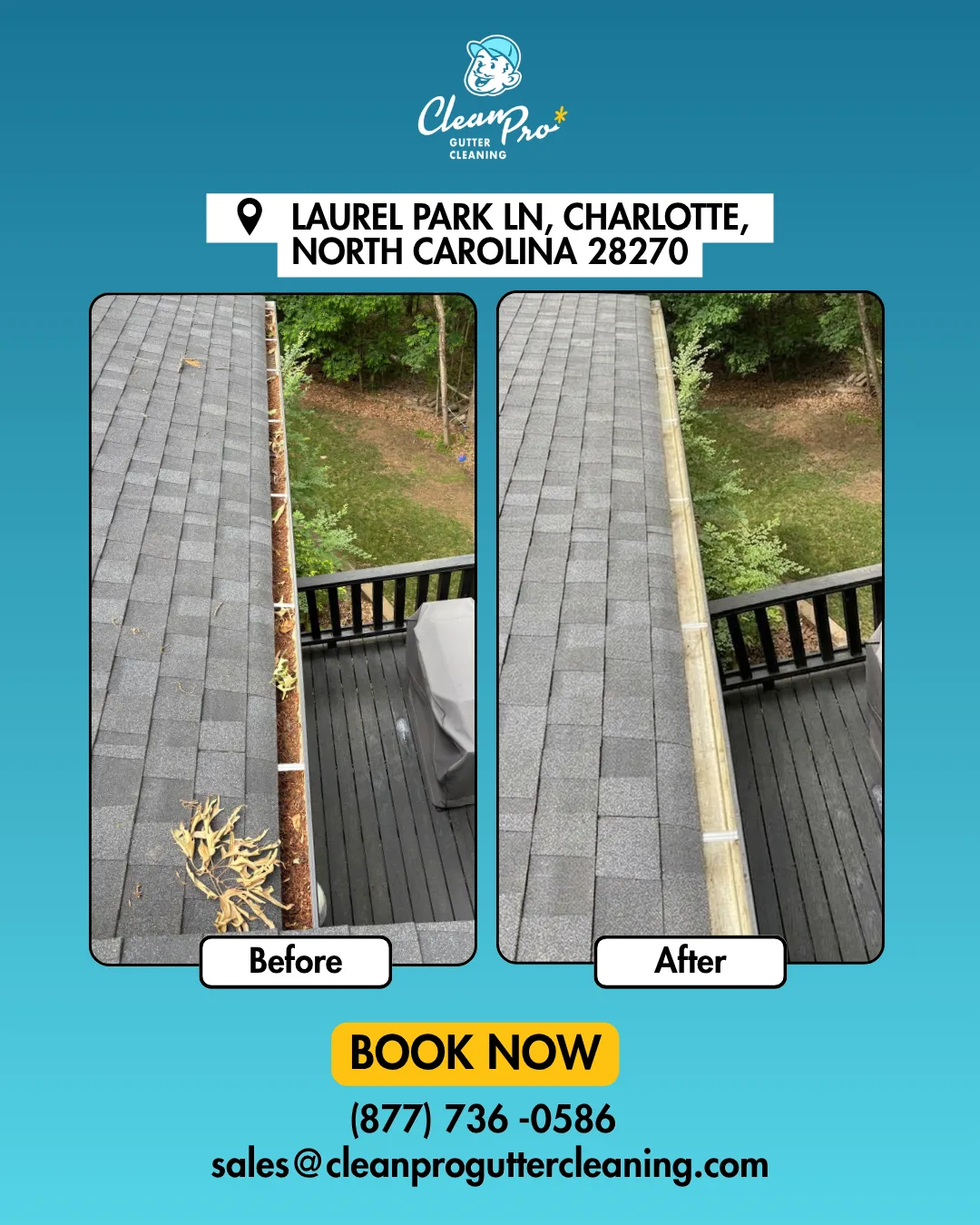 Before and after gutter cleaning on Laurel Park Ln, Charlotte, NC