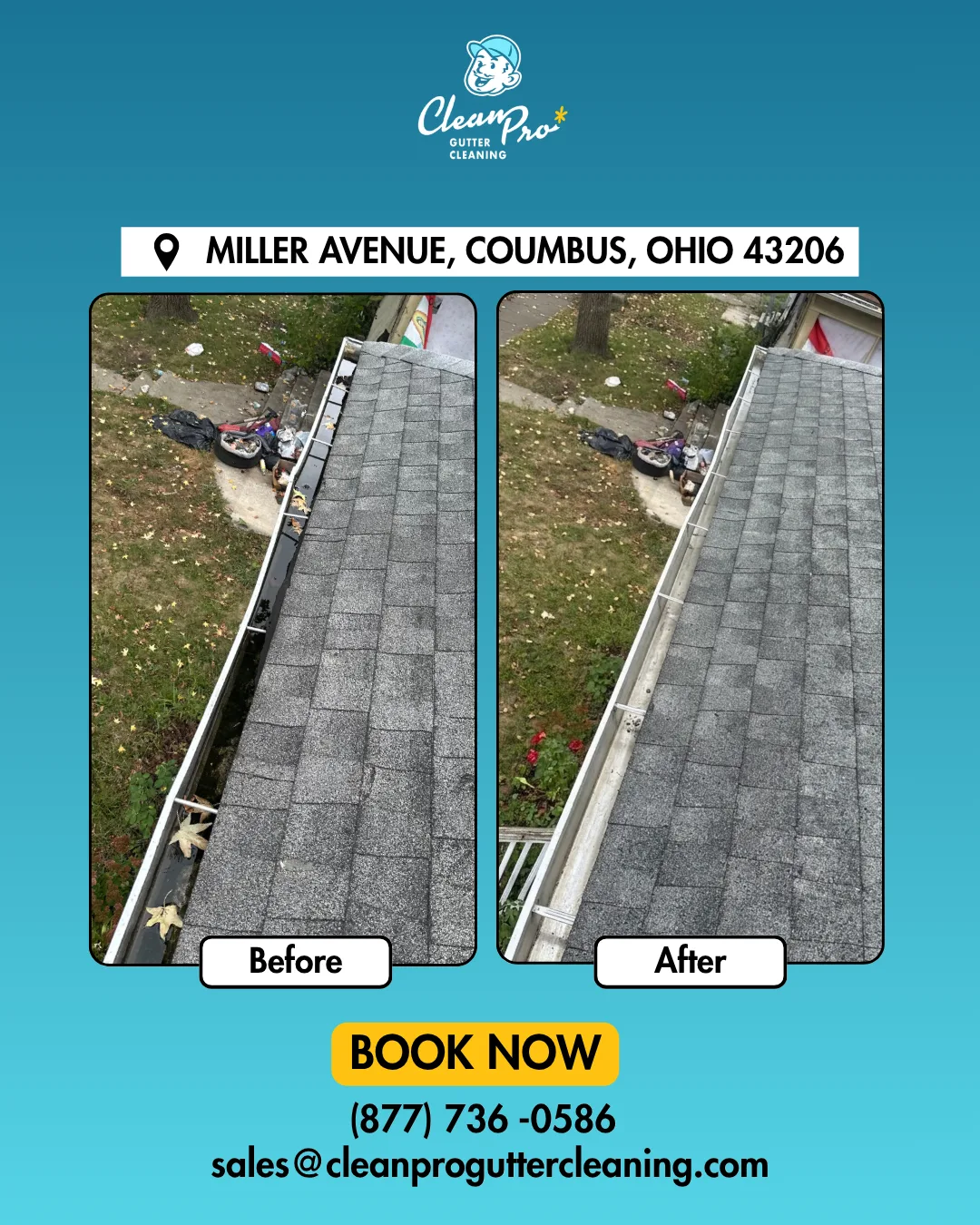 Before and after gutter cleaning on Miller Avenue, Columbus, OH