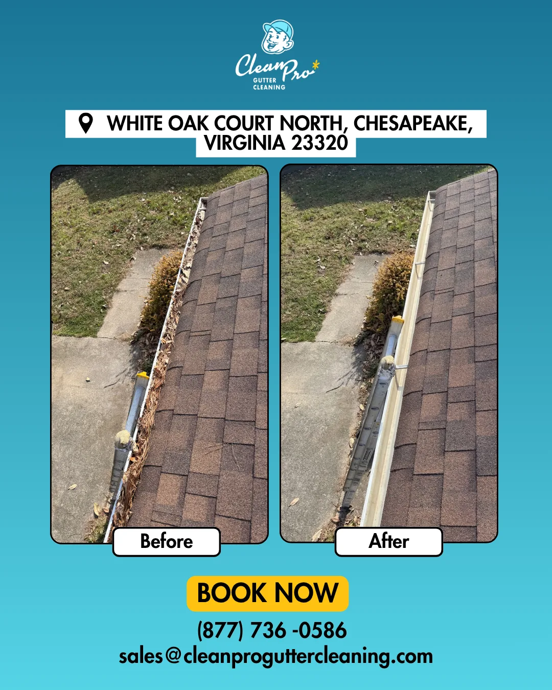 Before and after gutter cleaning on White Oak Court North, Chesapeake, VA