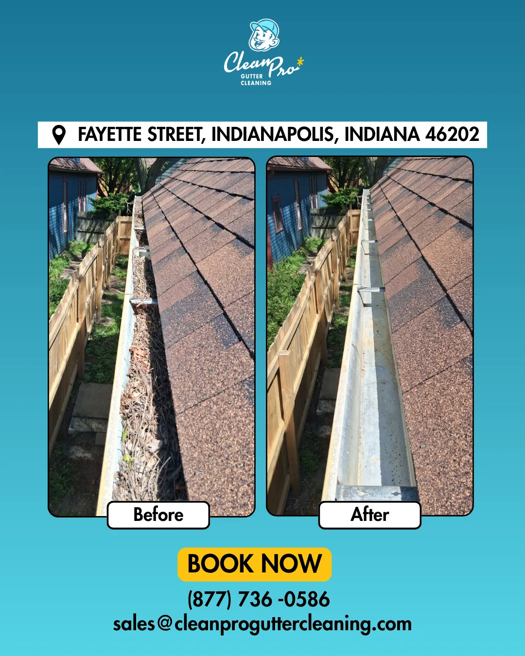 Before and after gutter cleaning on Fayette Street, Indianapolis, IN