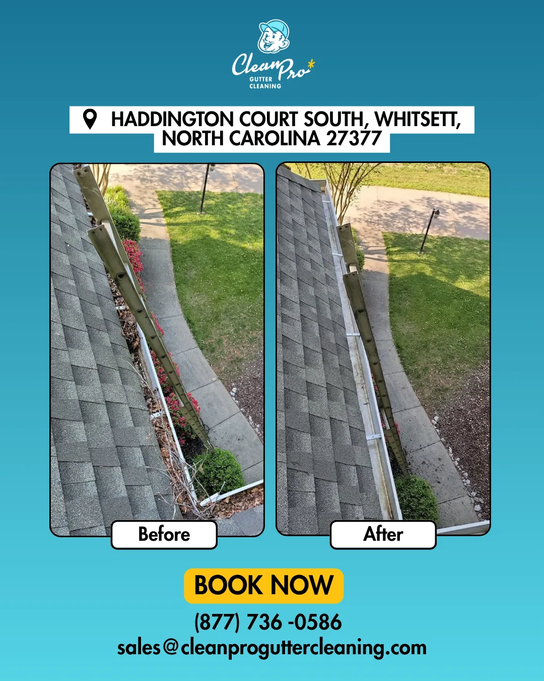 Before and after gutter cleaning on Haddington Court South, Whitsett, NC
