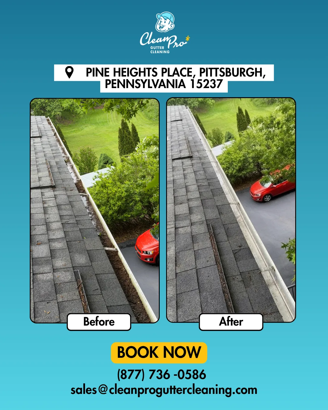 Before and after gutter cleaning on Pine Heights Place, Pittsburgh, PA