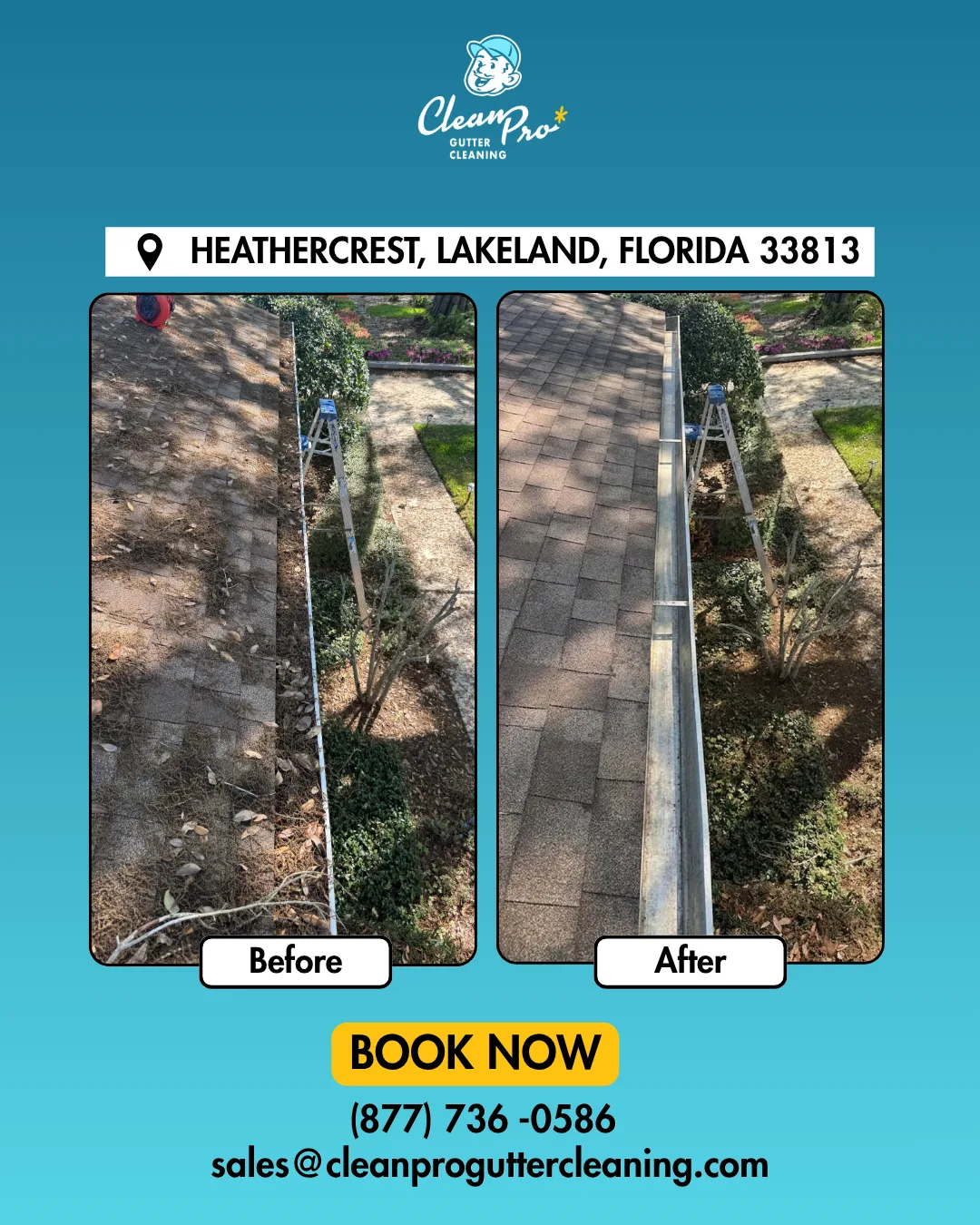 Before and after gutter cleaning on Heathercrest, Lakeland, FL