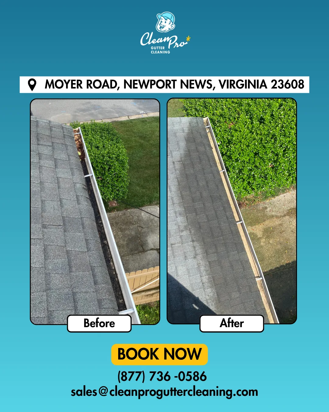 Before and after gutter cleaning on Moyer Road, Newport News, VA