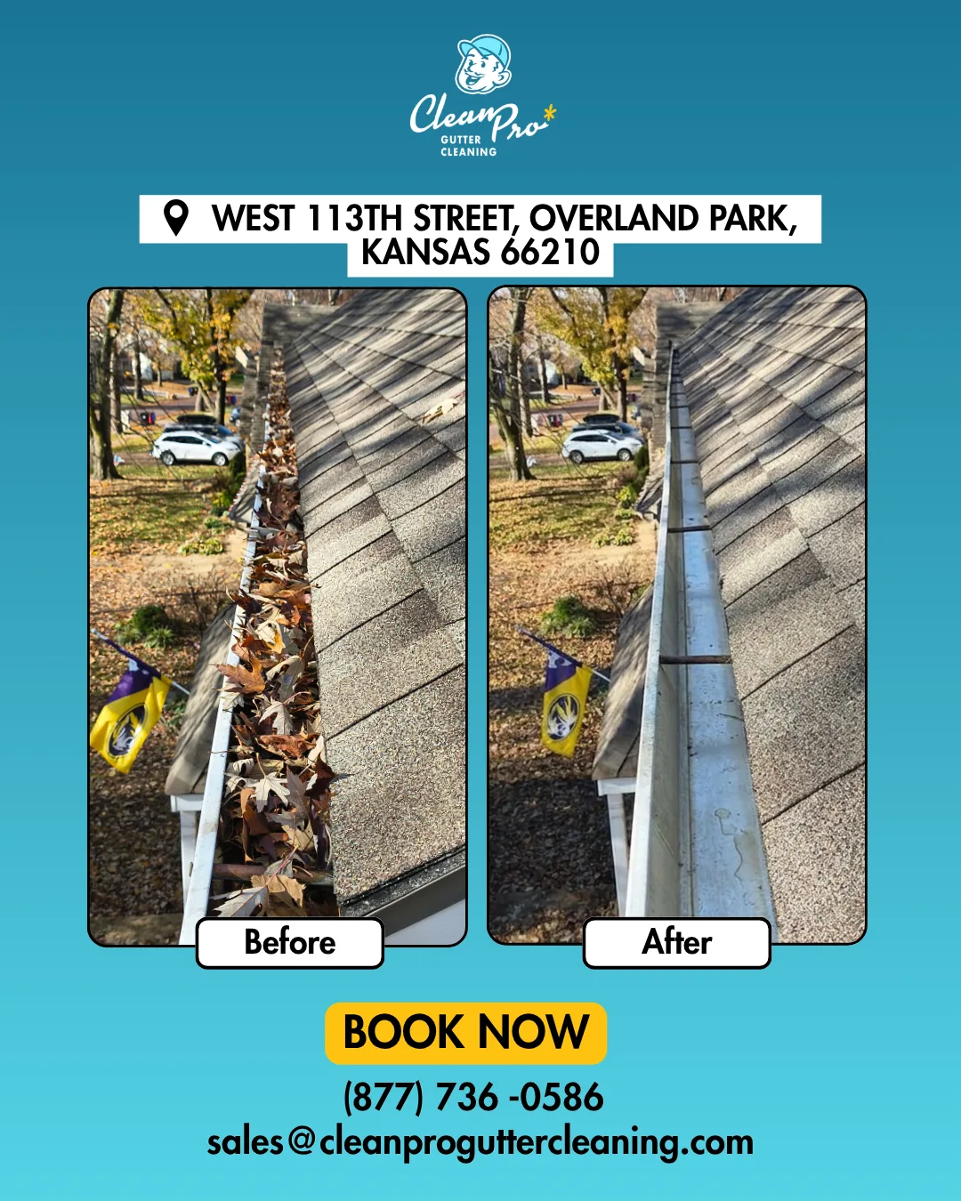 Before and after gutter cleaning on West 113TH Street, Overland Park, KS