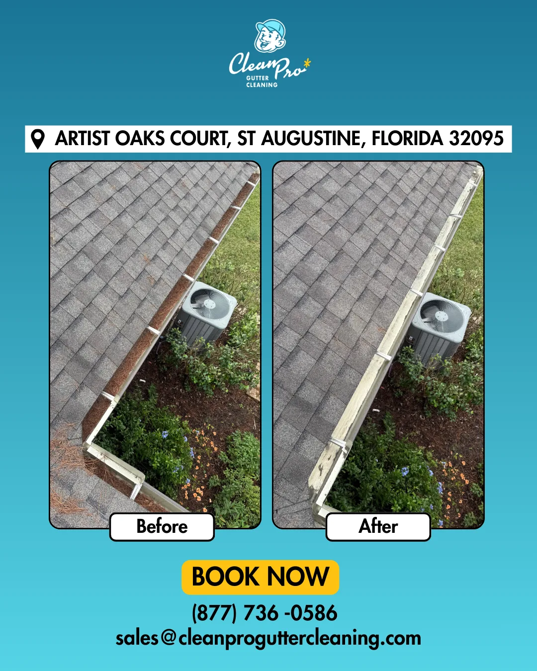 Before and after gutter cleaning on Artist Oaks Court, St Augustine, FL