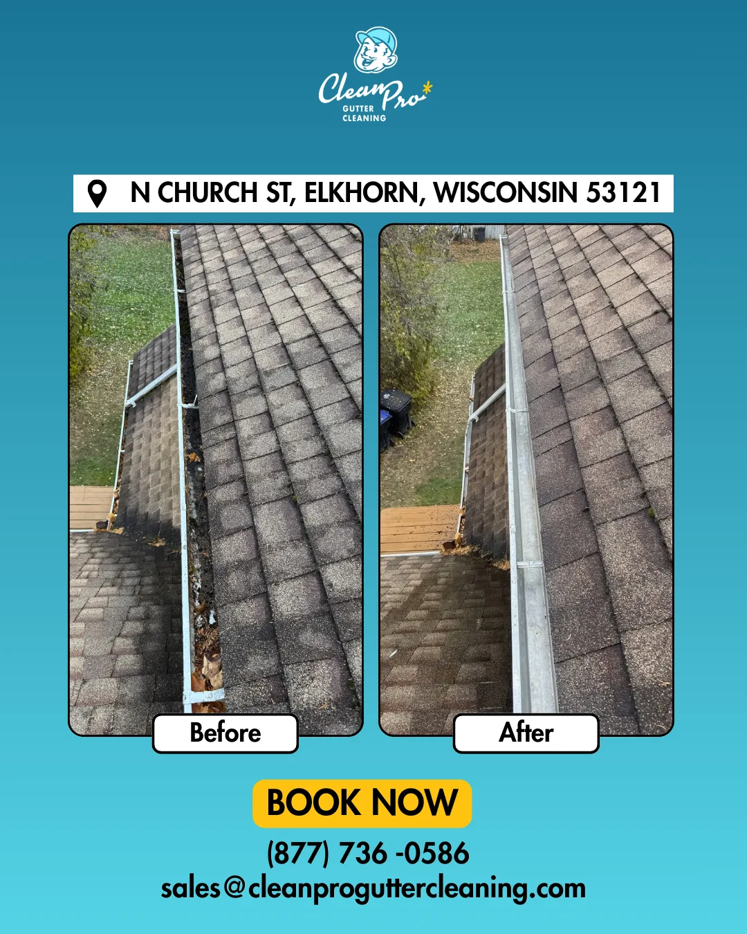 Before and after gutter cleaning on N Church St, Elkhorn, WI