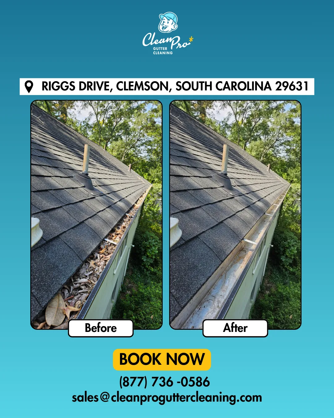 Before and after gutter cleaning on Riggs Drive, Clemson, SC