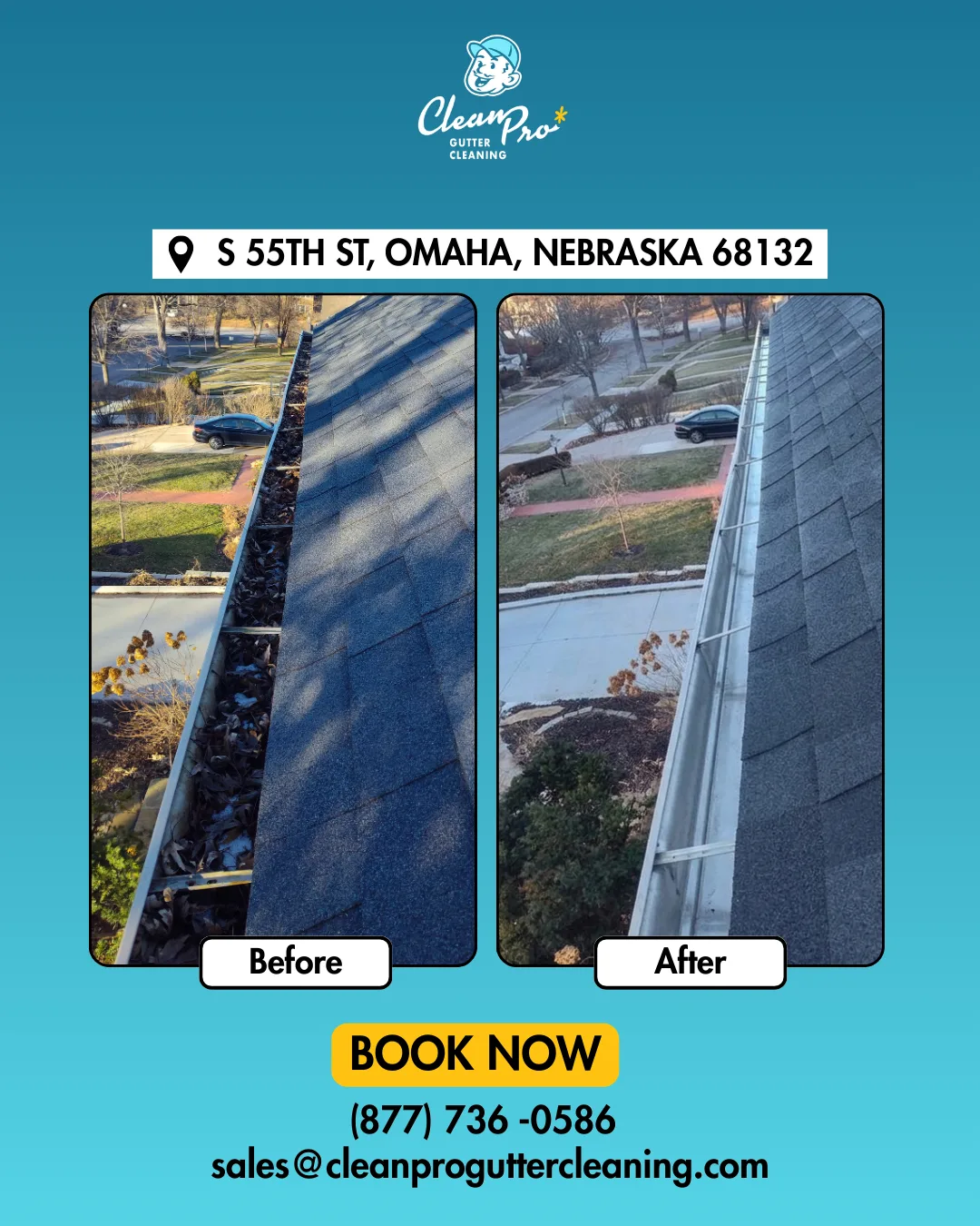 Before and after gutter cleaning on S 55th St, Omaha, NE