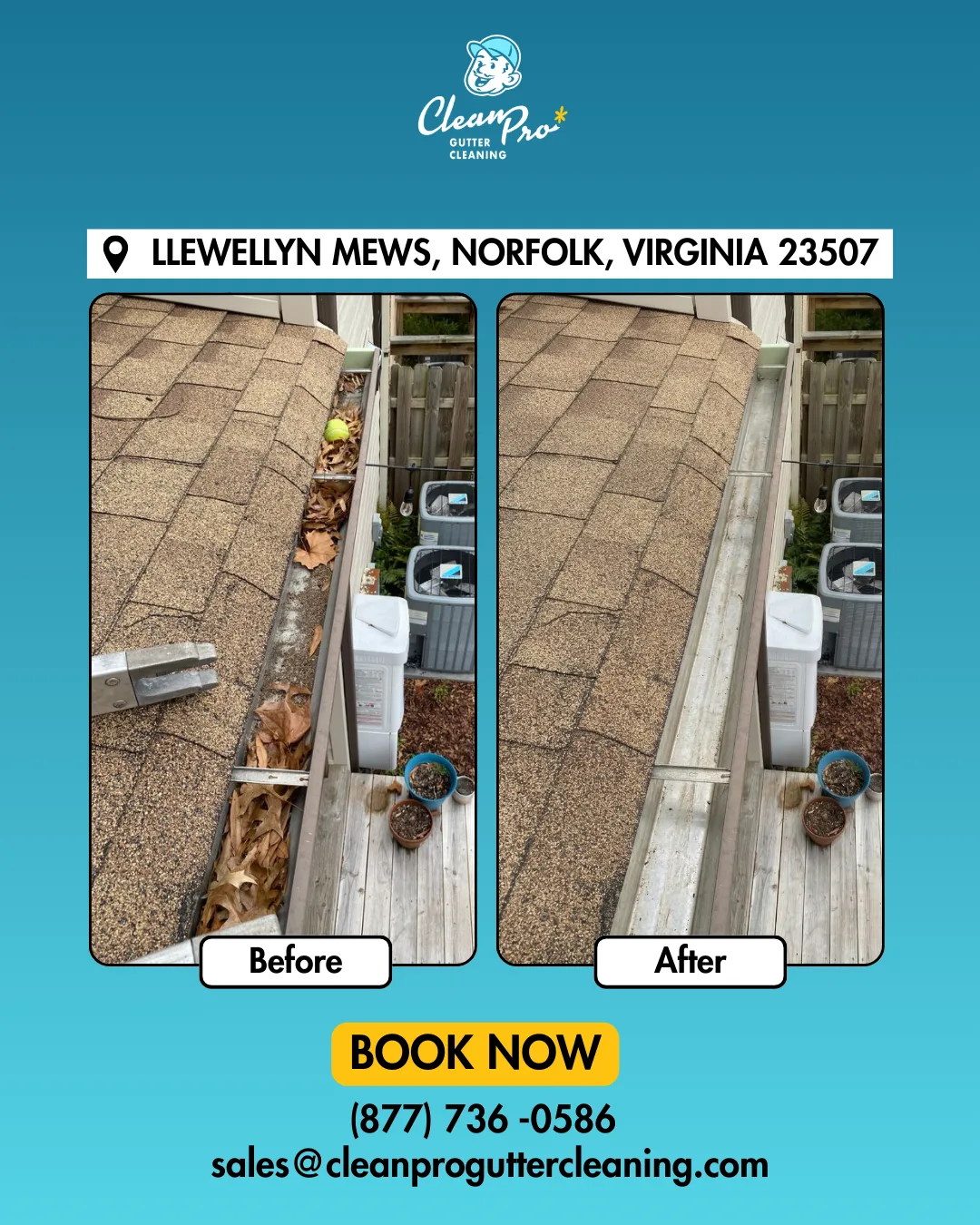 Before and after gutter cleaning on Llewellyn Mews, Norfolk, VA