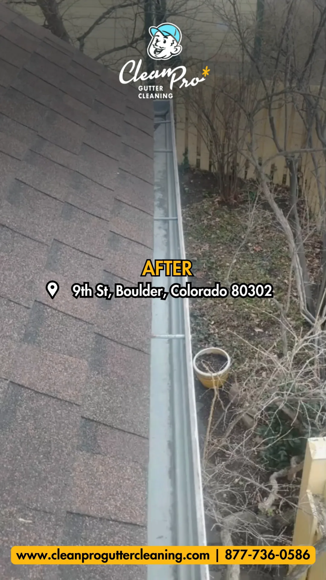 Before and after gutter cleaning on 9th St, Boulder, CO