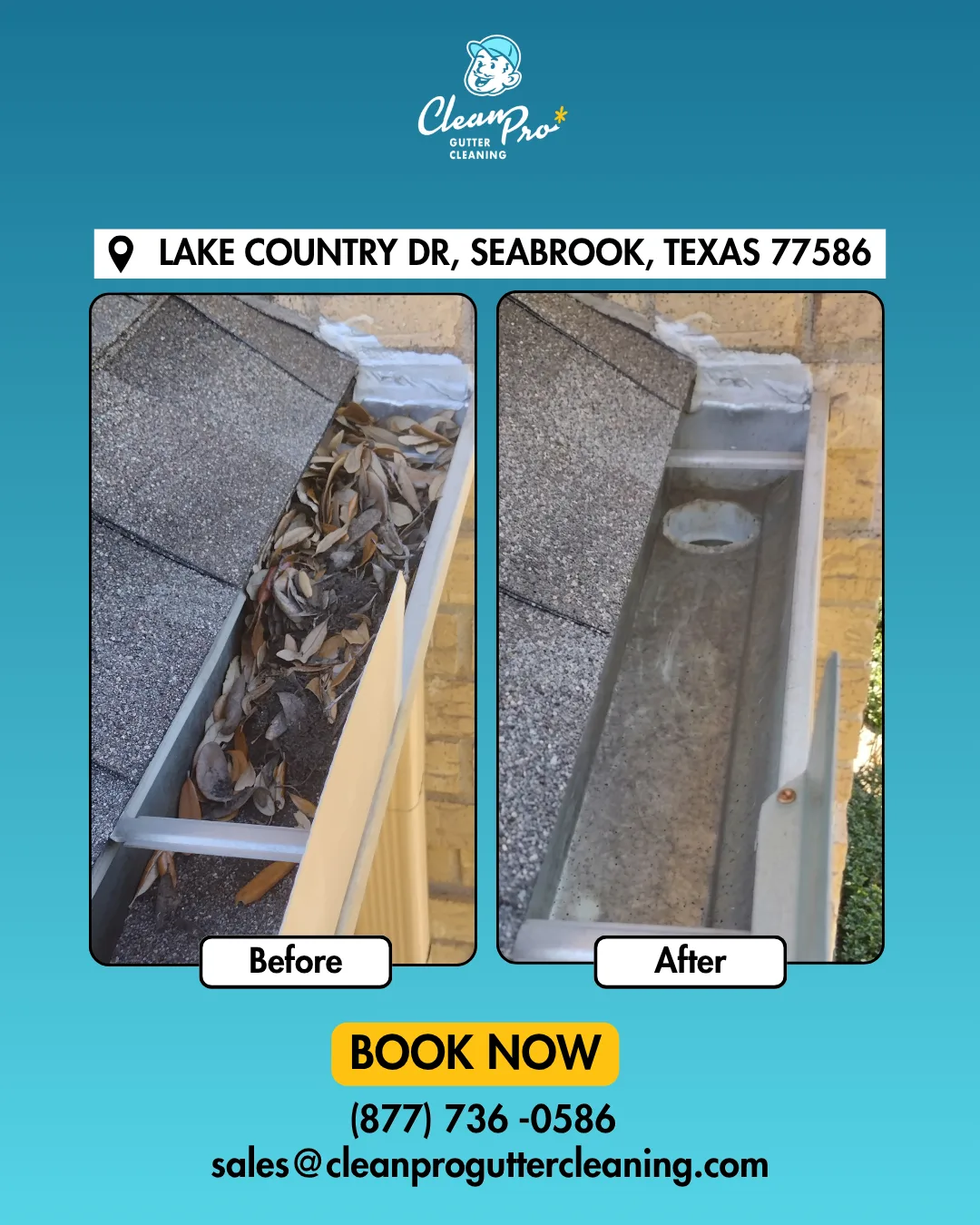Before and after gutter cleaning on Lake Country Dr, Seabrook, TX
