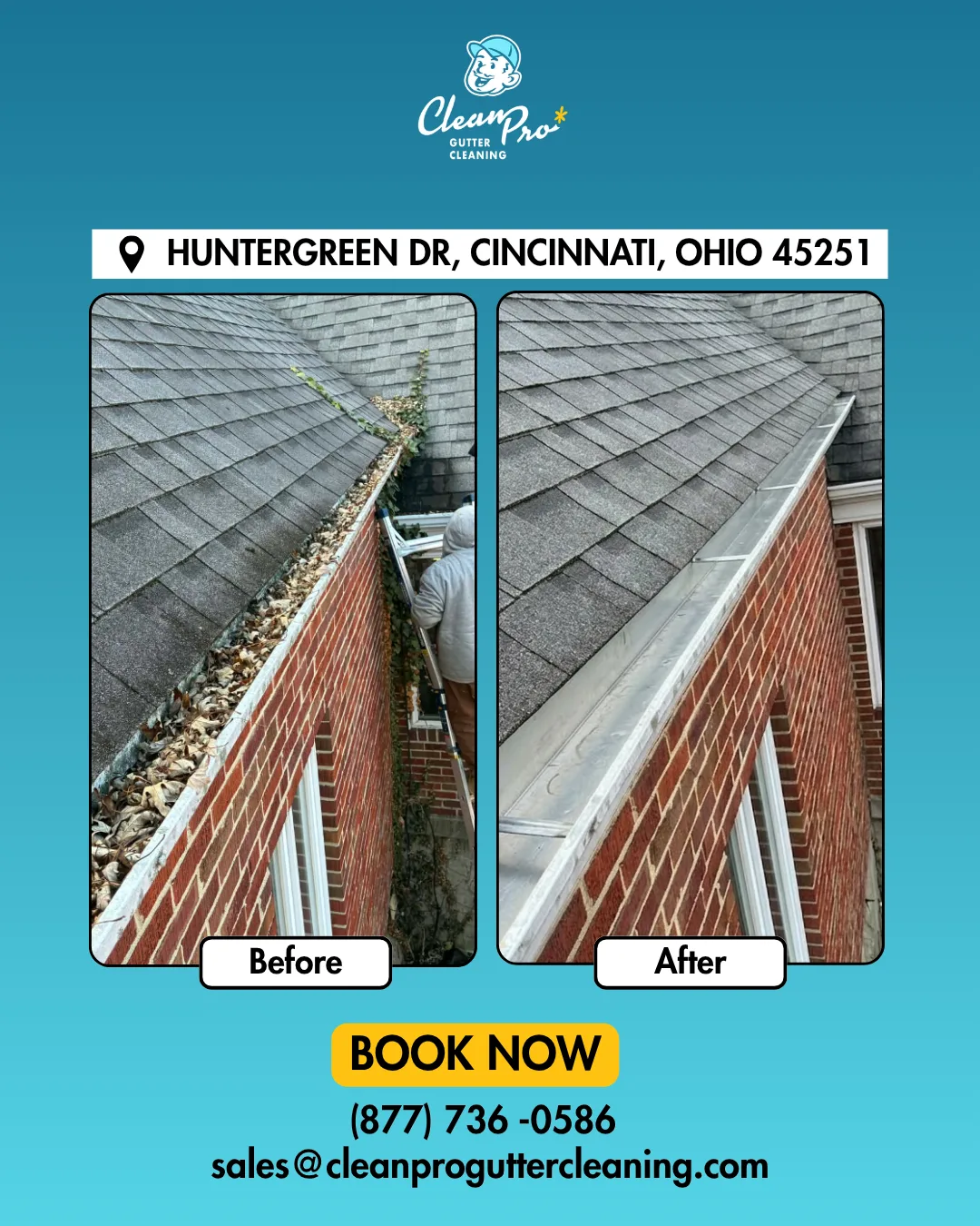Before and after gutter cleaning on Huntergreen Dr, Cincinnati, OH