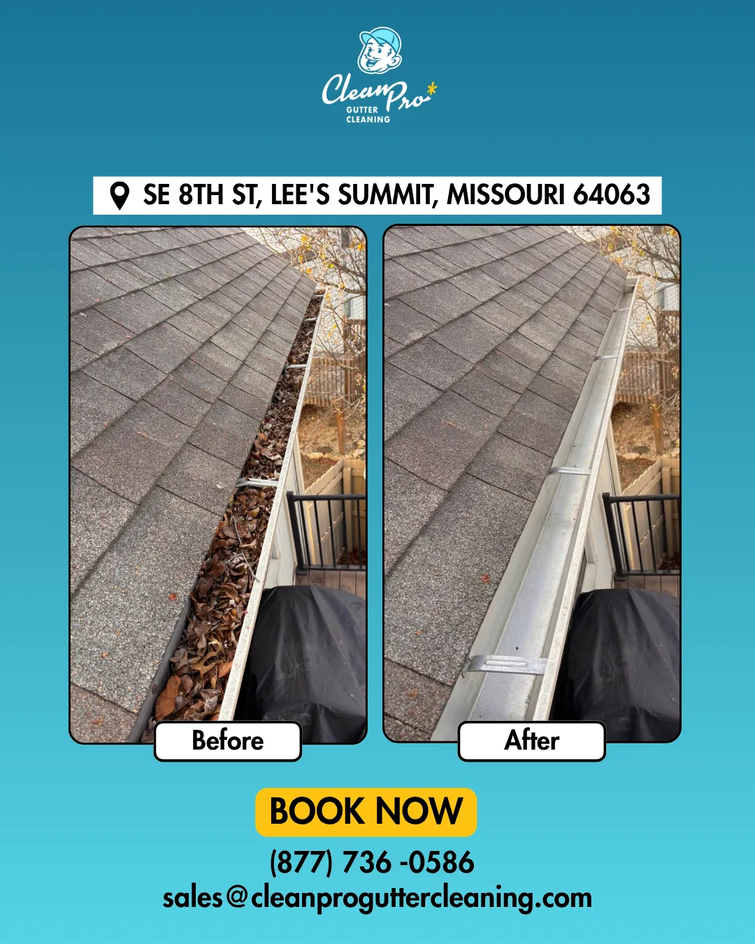 Before and after gutter cleaning on SE 8th St, Lee's Summit, MO