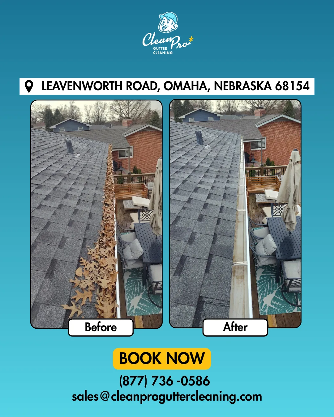 Before and after gutter cleaning on Leavenworth Road, Omaha, NE