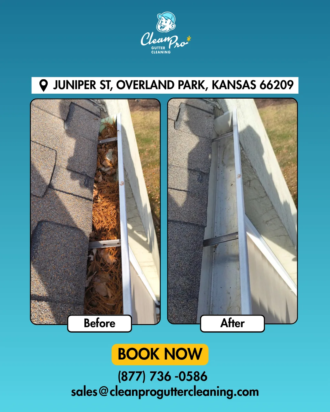 Before and after gutter cleaning on Juniper St, Overland Park, KS