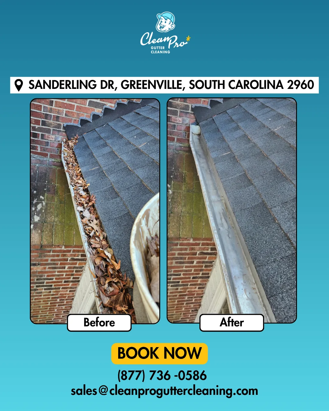 Before and after gutter cleaning on Sanderling Dr, Greenville, SC