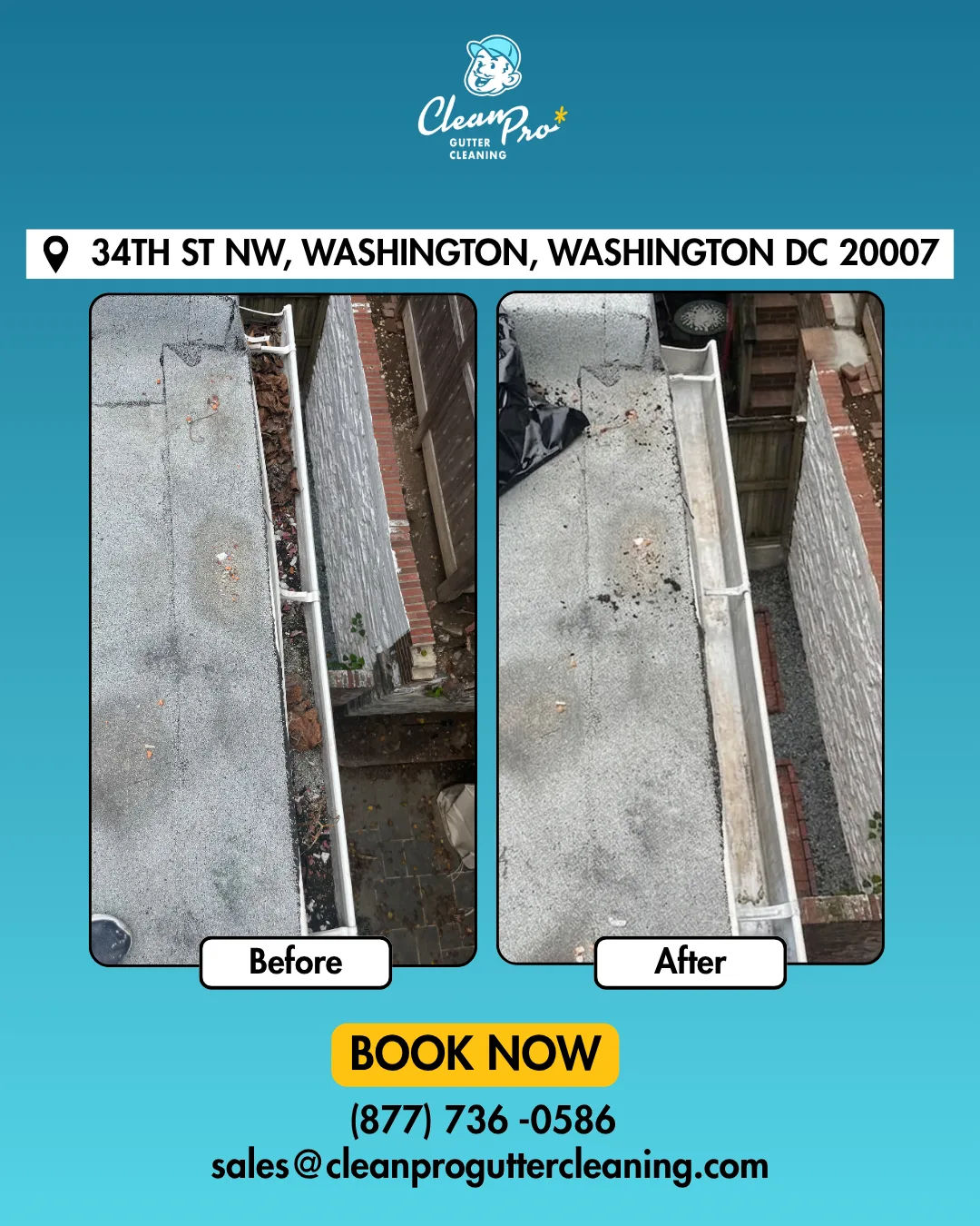 Before and after gutter cleaning on 34th St NW, Washington, DC