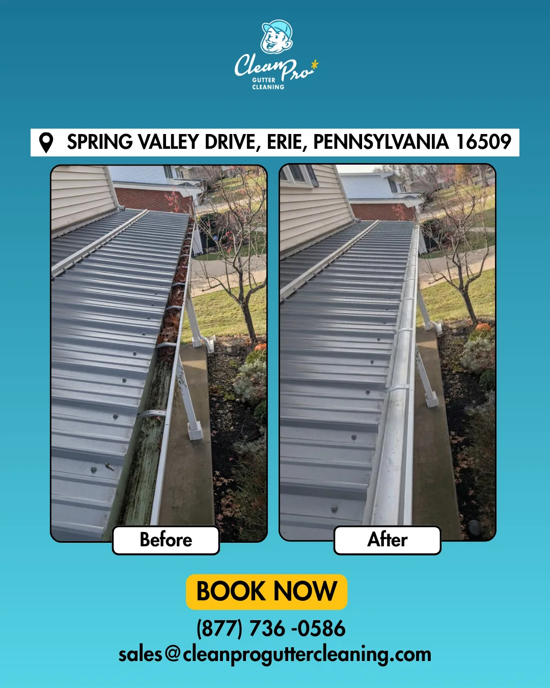 Before and after gutter cleaning on Spring Valley Drive, Erie, PA