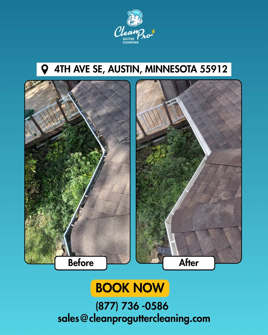 Before and after gutter cleaning on 4th Ave SE, Austin, MN