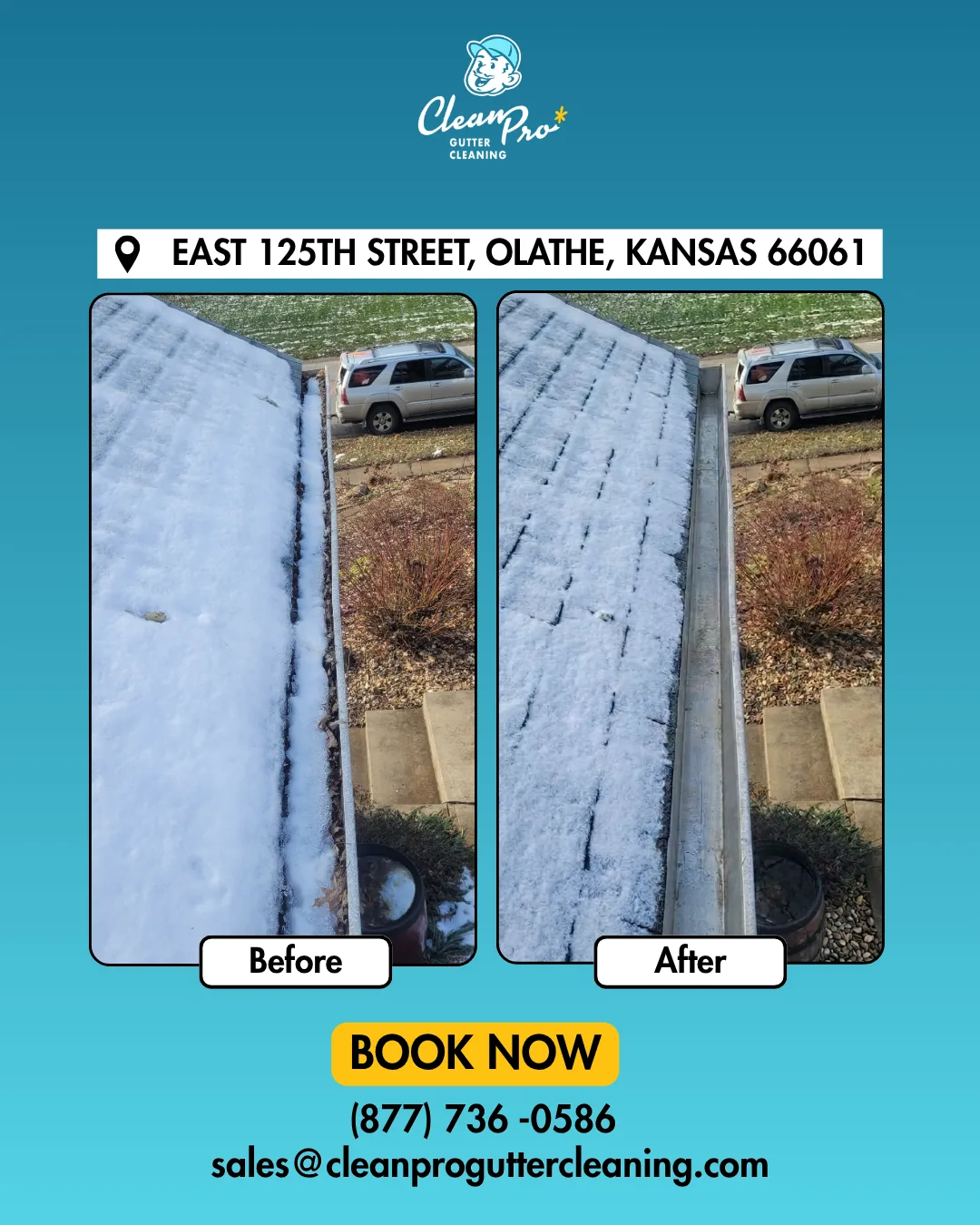 Before and after gutter cleaning on East 125th Street, Olathe, KS