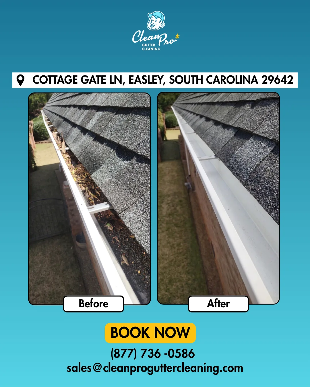 Before and after gutter cleaning on Cottage Gate Ln, Easley, SC