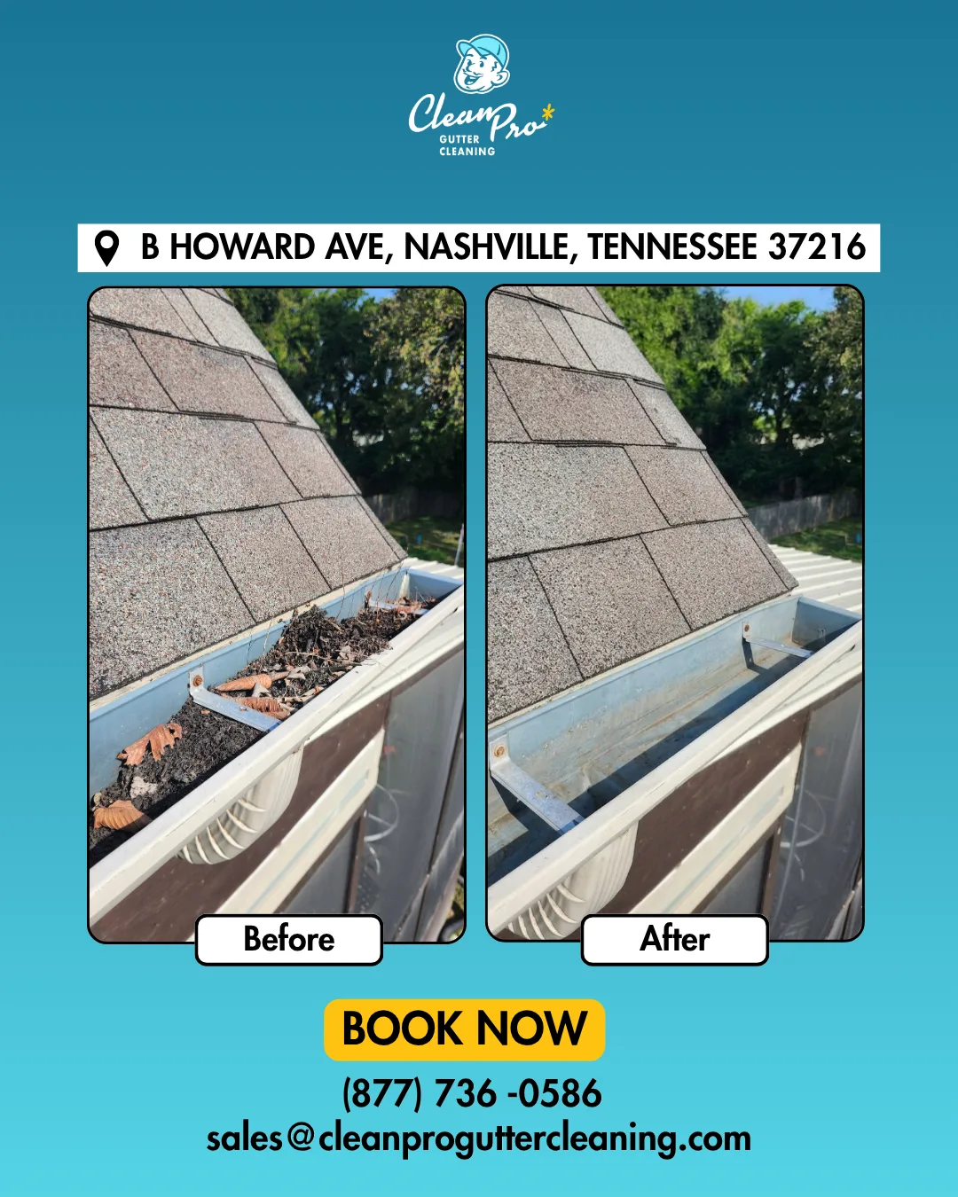 Before and after gutter cleaning on B Howard Ave, Nashville, TN
