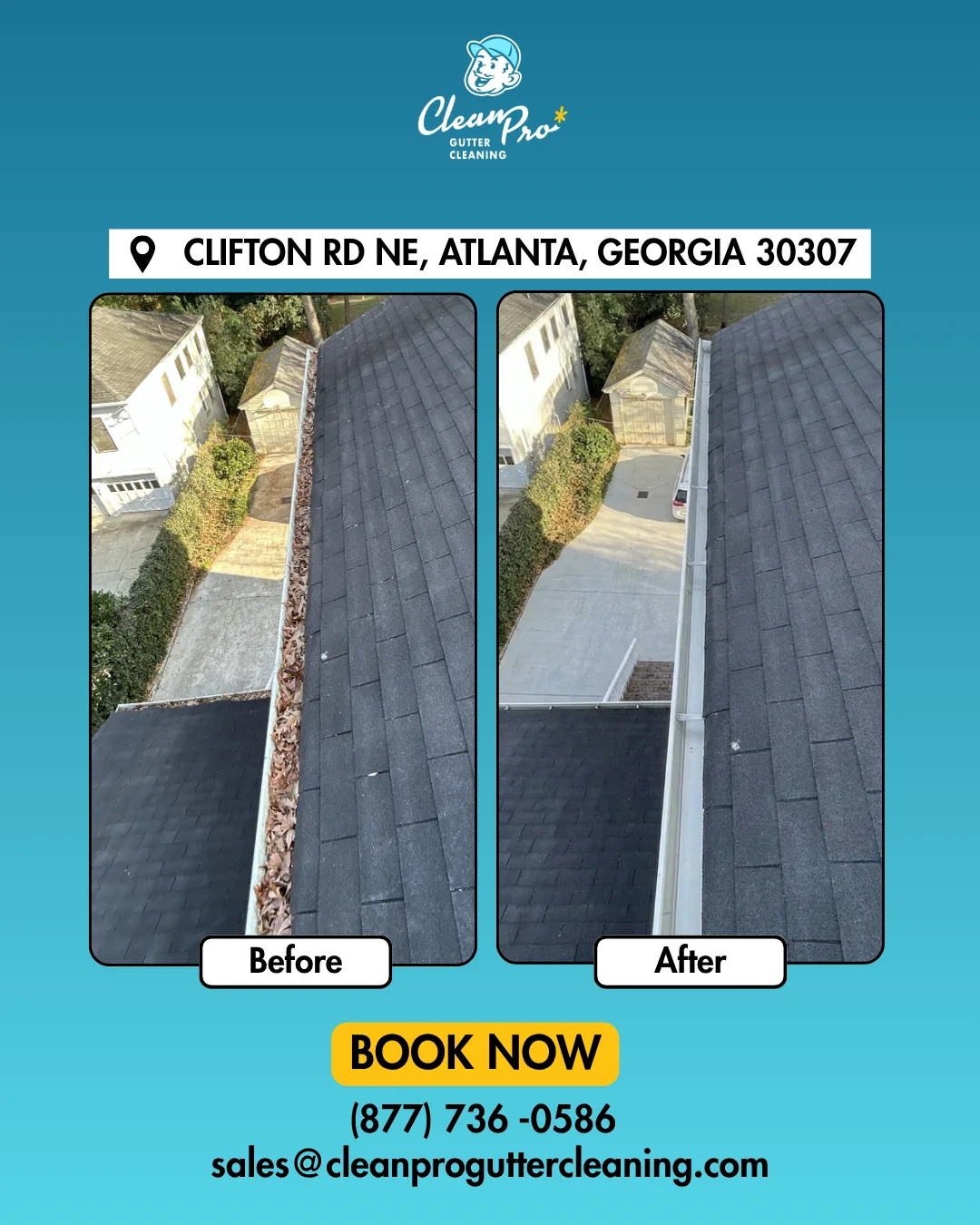 Before and after gutter cleaning on Clifton Rd NE, Atlanta, GA