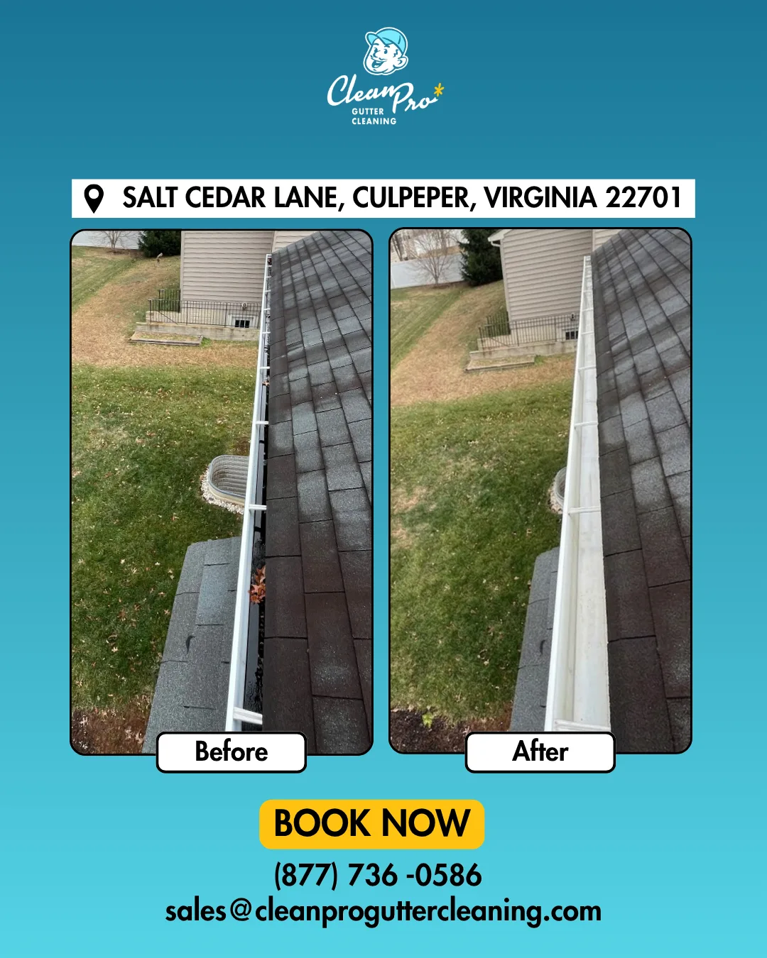 Before and after gutter cleaning on Salt Cedar Lane, Culpeper, VA