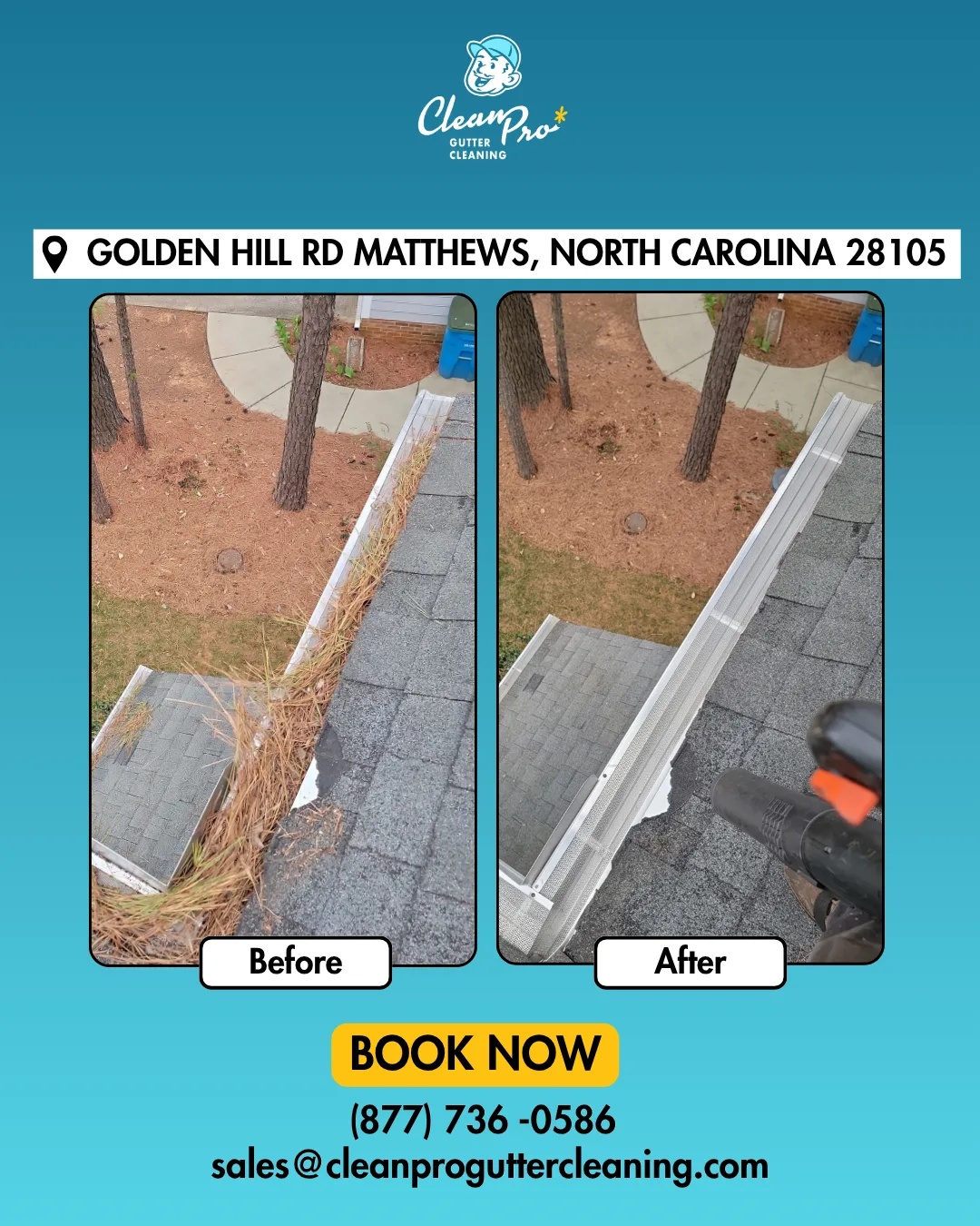 Before and after gutter cleaning on Golden Hill Rd, Matthews, NC