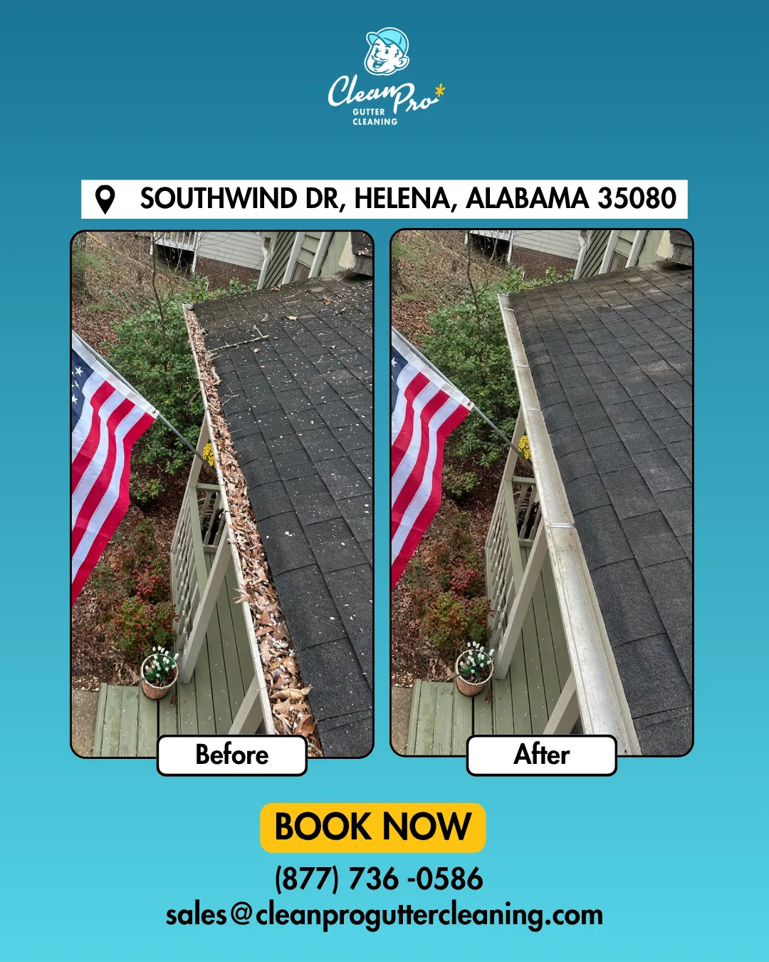 Before and after gutter cleaning on Southwind Dr, Helena, AL