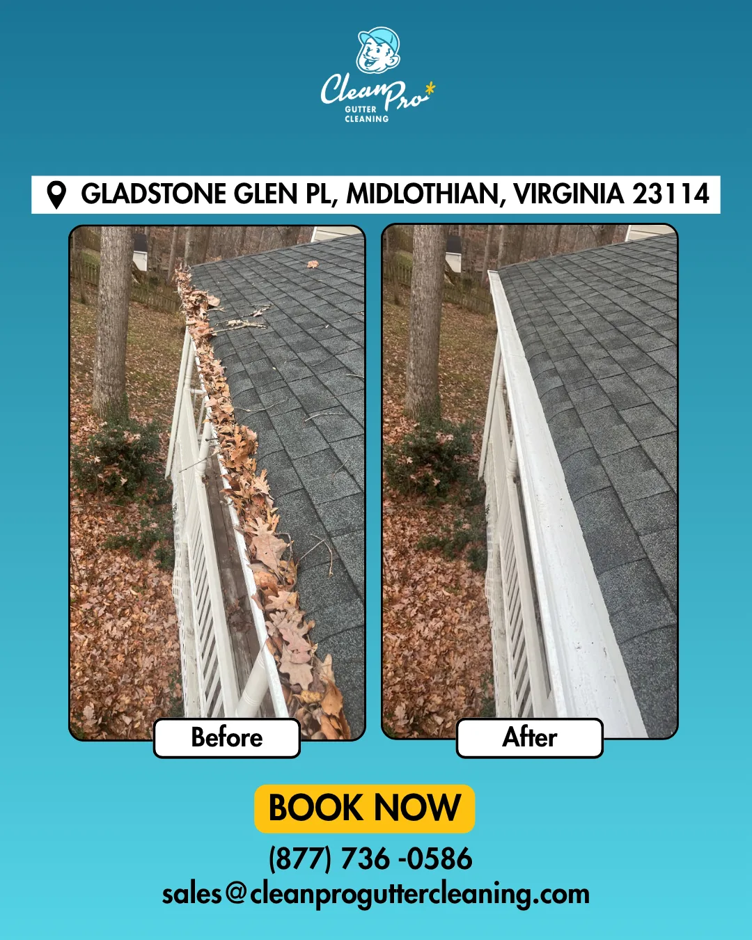 Before and after gutter cleaning on Gladstone Glen Pl, Midlothian, VA