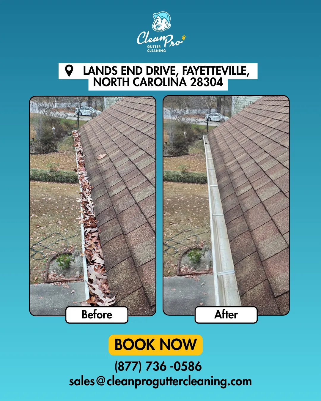 Before and after gutter cleaning on Lands End Drive, Fayetteville, NC