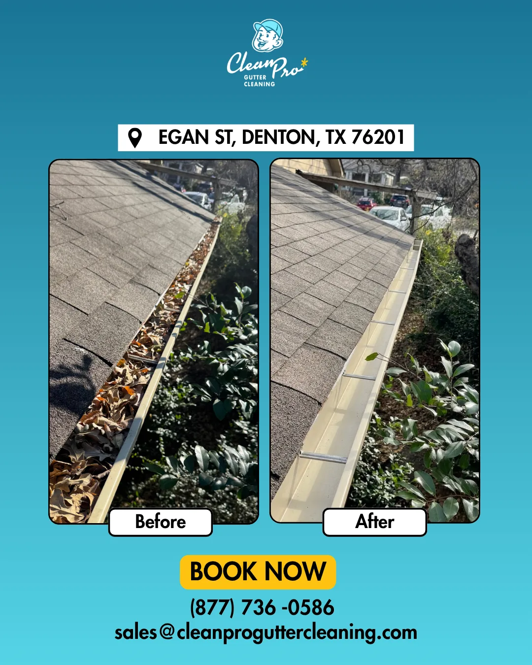 Before and after gutter cleaning on Egan St, Denton, TX