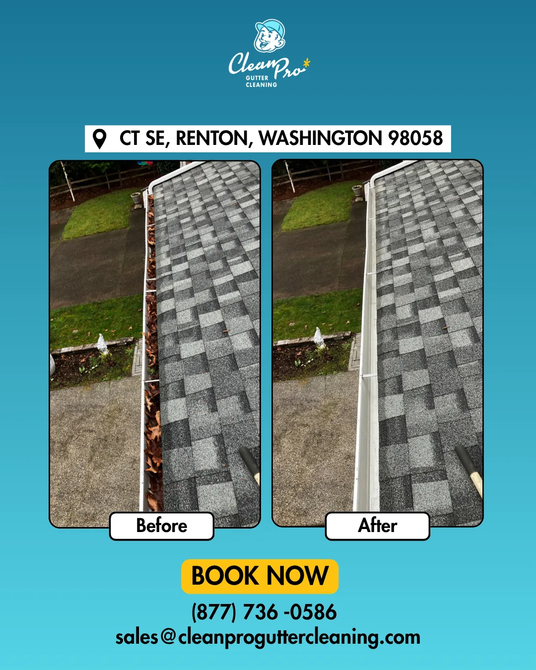 Before and after gutter cleaning in Renton, WA