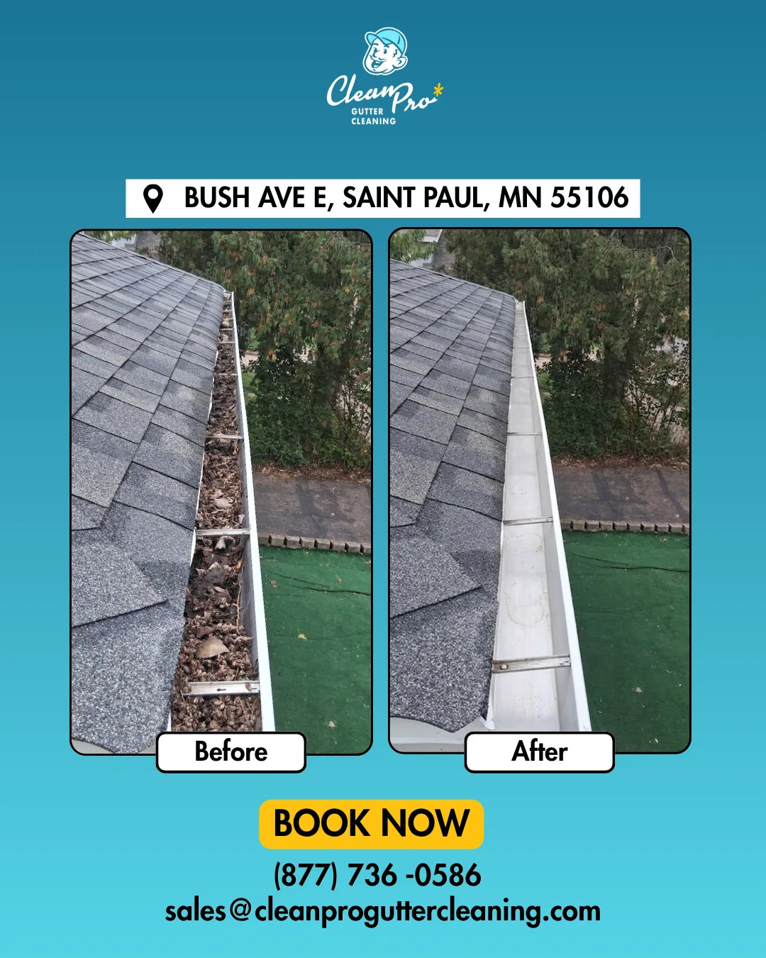 Before and after gutter cleaning on Bush Ave E, Saint Paul, MN